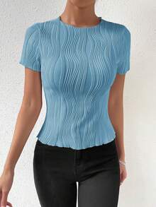 Chiquease 女士纯色纹理圆领短袖修身休闲T恤 - 藍色 - 查看 3