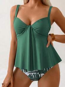 Swim Lushoire Bộ 2 món gồm áo kiểu xếp ly thanh lịch và quần bikini in họa tiết, đồ bơi bikini hai mảnh dành cho nữ, thích hợp cho kỳ nghỉ biển, mùa xuân/hè. - màu xanh lá - Xem 1