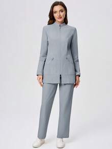 Anti-Wrinkle Long Sleeve Jacket And Pants Women's Scrub Uniform 2 Pieces Set - Dusty Blue - View 3