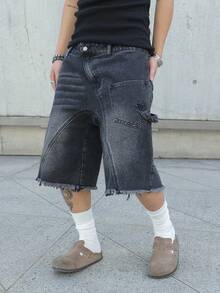 Manfinity EMRG Shorts en jean à jambes larges, style patchwork asymétrique avec fermeture éclair, tailles grandes, style européen et américain pour hommes - Noir - Voir 4