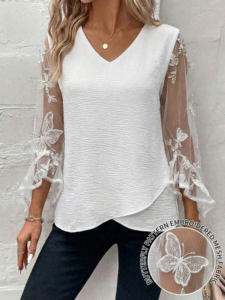 SHEIN Clasi Damen Patchwork Schmetterling bestickte Mesh Glockenärmel lockere Bluse, Weiß, Sommer, elegant, Teegesellschaft, Hochzeitsgast, Urlaubstopp - Weiss - Übersicht 1