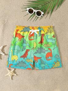 SHEIN Shorts de baño con estampado de dinosaurio de gradiente de color para niño - Multicolor - View 3