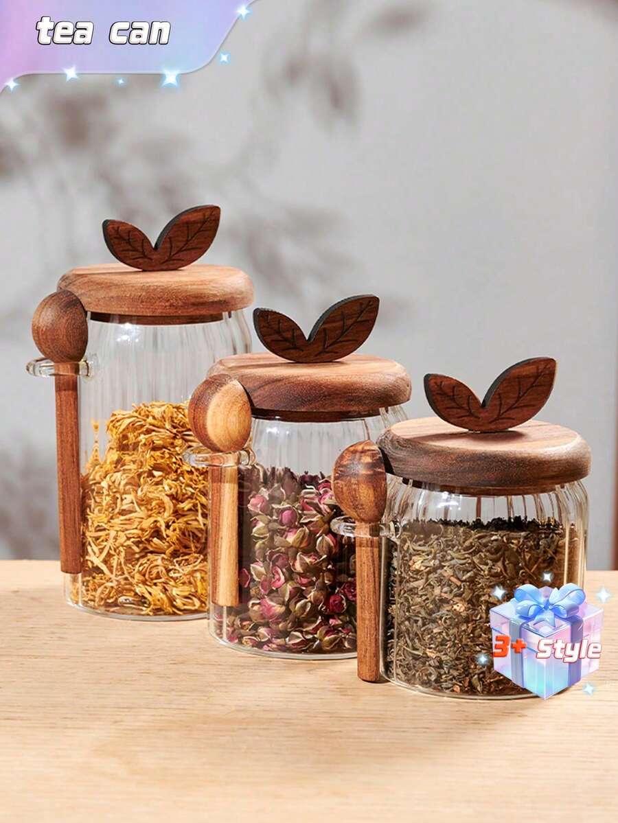 1 Piece Glass Tea Caddy, Airtight Container With Spoon, Moisture-Proof And Dustproof Container, Glass Coffee Bean Storage Jar, Black Tea And Flower Tea Storage Jar, Grain Storage Bottle - Transparent - View 1