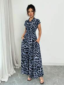 Rafferiza Women's Elegant Leopard Print Collared Short Sleeve Button Down Waist Dress - Wander Blue - View 5