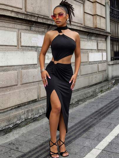 Slouenne Slouenne 性感镂空露腰露背不对称设计钢圈百搭女式连衣裙，适合多种场合