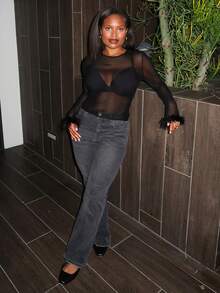 Tyla Gomez Fuzzy Cổ tay áo Lưới trong suốt Đen Áo Không có áo ngực - màu đen - Xem 1