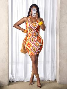 Zolique Women's U-Neck Fitted Sexy Backless Geometric Vintage Print Mini Dress, Suitable For Music Festivals, Parties, Beach Vacations - Multicolor - View 4