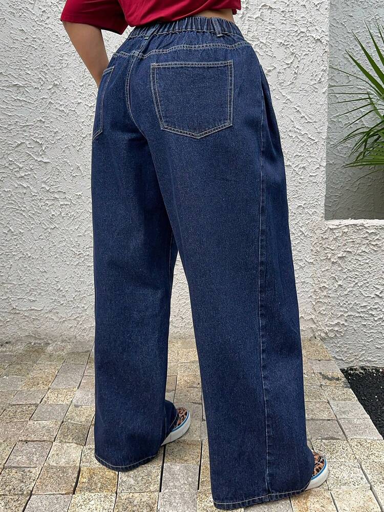 Dazy Plus Loose Wide Leg Flared Jeans, Dark Washed Blue, Versatile Full Length, All Season