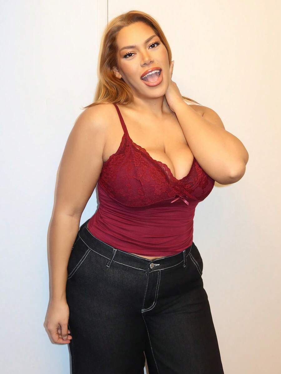 MelDlgn Plus Size Women's Summer Solid Color Contrast Lace Pleated Slim Fit Camisole Top - Burgundy - View 1