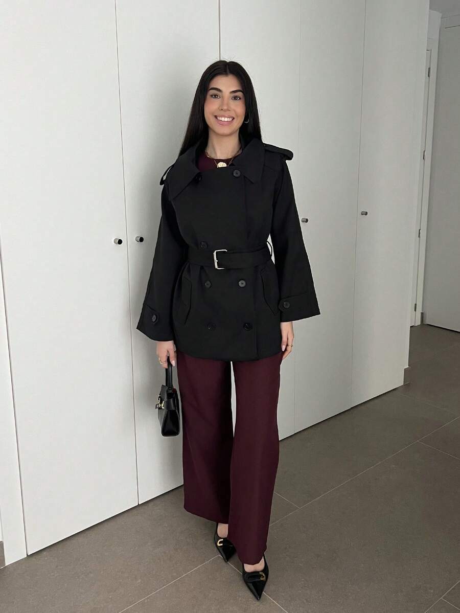 Hitanina Áo khoác trench coat hai hàng khuy thời trang và thanh lịch dành cho nữ theo phong cách Pháp Áo khoác trench coat nữ Áo khoác trench coat nữ vào mùa thu/đông - màu đen - Xem 1