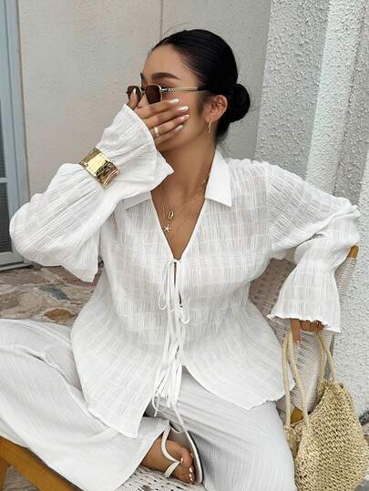 Dazy Plus Plus Size Women's Solid Color Front Tie Long Sleeve Casual Shirt