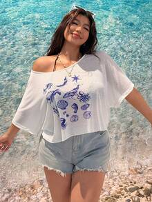 SHEIN EZwear 大码女式贝壳水母印花宽松白色休闲T恤 - 白色 - 查看 1