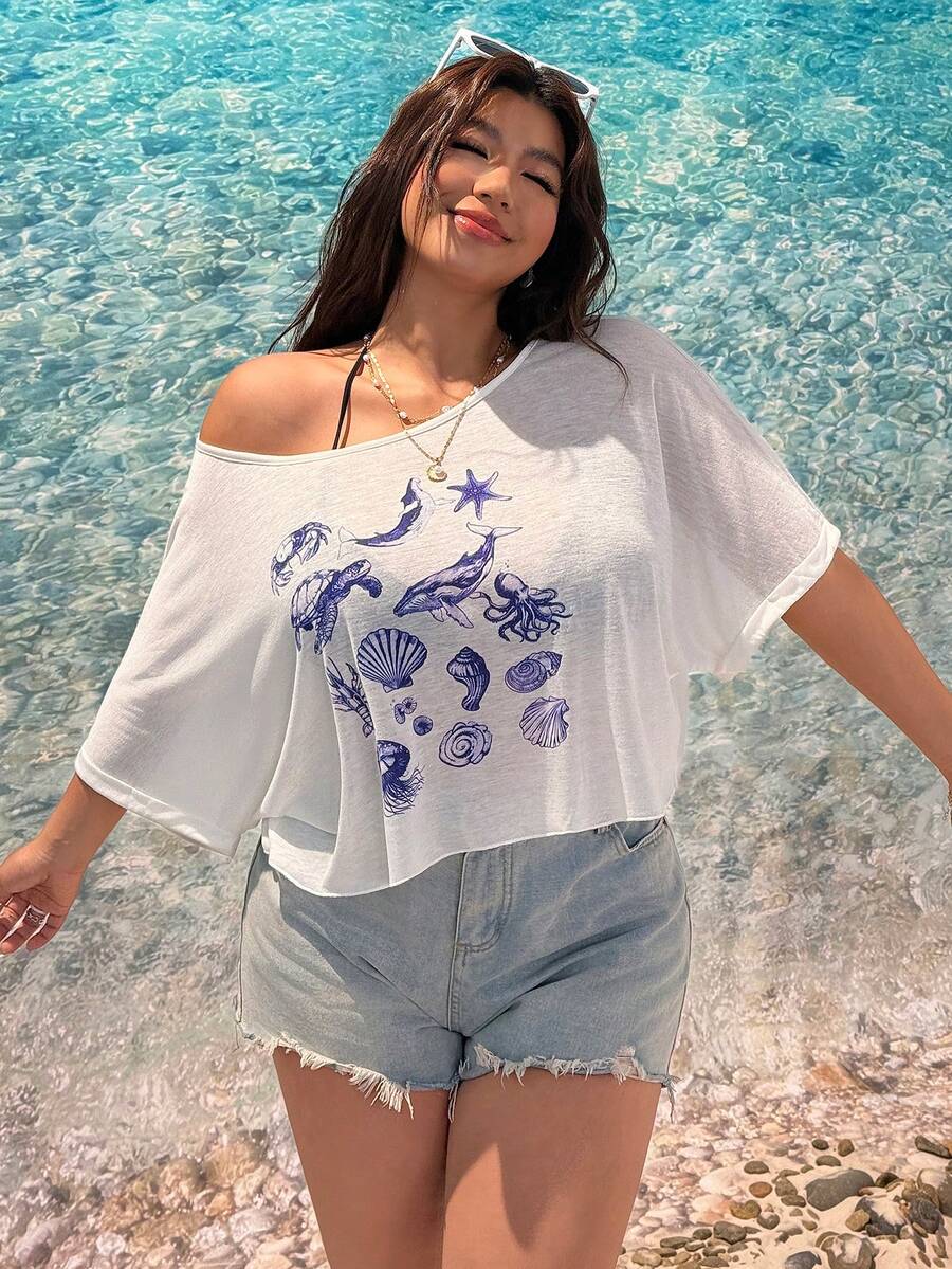SHEIN EZwear 大码女式贝壳水母印花宽松白色休闲T恤 - 白色 - 查看 1