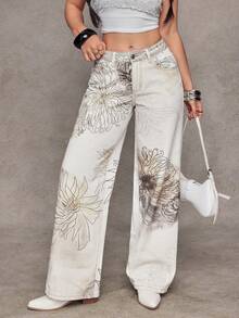 SHEIN Jeanoir Quần jeans ống rộng cạp thấp in hoa phong cách Y2K - trắng - Xem 7