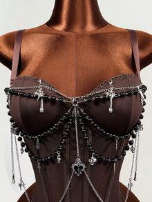 Mistrie Women's Spaghetti Strap Chain Decorated Bodysuit,Coffee Brown Goth Night Club Summer Outfits,Fitted Push Up Vintage Body Suit For Festival - Coffee Brown - View 7