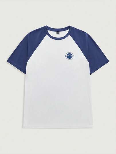 Courvante 男士撞色拼接短袖纽约字母图案T恤，男友礼物，外出穿着，Tenniscore Preppy