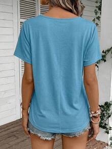 EMERY ROSE Casual Dandelion Print Plus Size V-Neck T-Shirt, Suitable For Summer - Dusty Blue - View 2