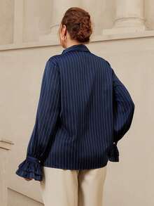 VOLUPTÉ CURVE 大码春夏条纹时尚简约优雅金属衬衫女式上衣 优雅女式衬衫 优雅女式上衣和衬衫 经典女式工作上衣 蓝色条纹商务衬衫 2026流行商务衬衫 毕业衬衫 高雅商务衬衫 - 藏蓝色 - 查看 3