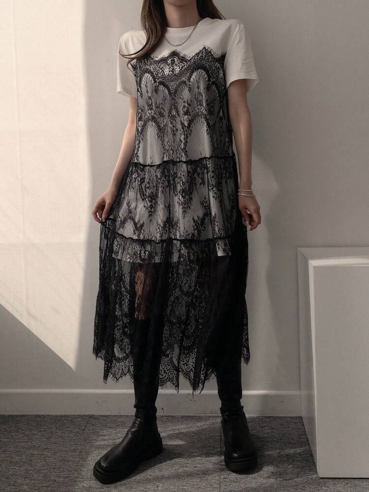 Women's Round Neck Lace Patchwork Short Sleeve A-Line Midi Dress, Korean Style Sundress Summer