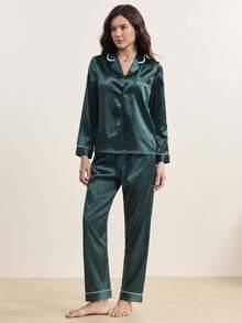 Moireta Button Front Lapel Collar Top & Pants Satin PJ Set / Pajama Set, Fall Winter Clothes Cozy And Elegant Details - Dark Green - View 4