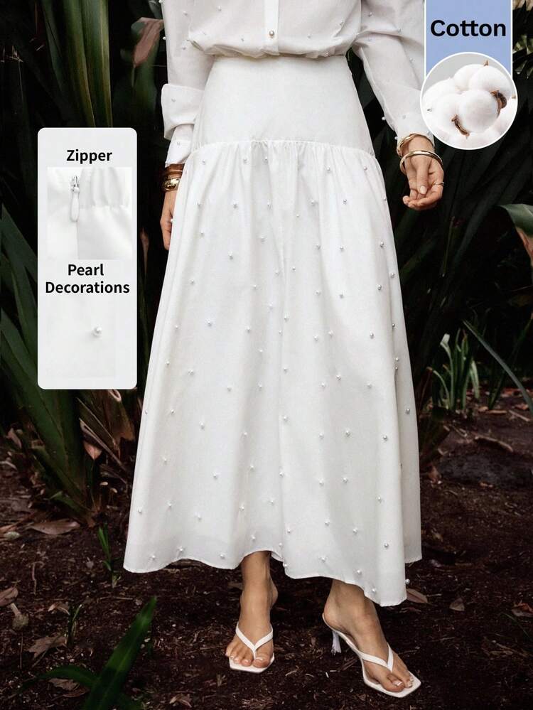 SHEIN Maija Outfit Deas For Skirt,Women's Solid Color Faux Pearl Decor Elegant A-Line Midi Skirt,Weddings & Events ,White Skirt,Party Outfit,Summer Outfits For Women, Weddings & Events , Skirt For Wedding Guest Long Skirt With Top White Long Skirt Pure Cotton Skirt Women Elegance Long Skirt Long Skirt Pearl Decorations