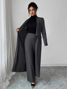 Elenzga 两件套：女士优雅翻领长袖长款外套搭配直筒裤两件套，精致优雅，适合办公室、通勤、街头风、法式浪漫、休闲、中东复古、下午茶、派对、感恩节、返校季、秋冬季等场合。 - 深灰色 - 查看 7