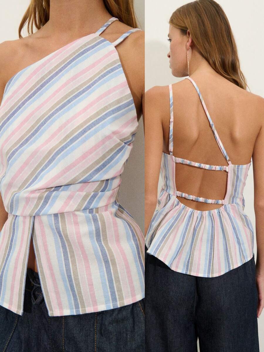 Nöista Áo lệch vai bằng vải kẻ sọc màu pastel, đường viền cổ không đối xứng và vạt áo xếp ly tạo độ phồng ở eo. Hoàn hảo cho bữa ăn trưa hoặc buổi tối, trang phục hàng ngày, mùa hè, mùa xuân, trang phục đi nghỉ mát, ngày lễ. - Hồng - Xem 1