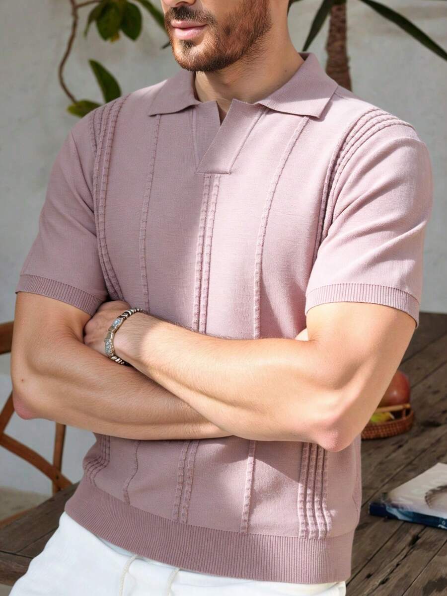 Manfinity Homme 男士纯色休闲百搭日常针织短袖上衣 - 粉色 - 查看 1