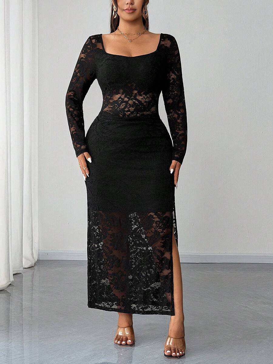Elenzga Plus Size Black Lace Patchwork Long Sleeve Cropped Top & High Slit Skirt 2 Piece Set - Black - View 1