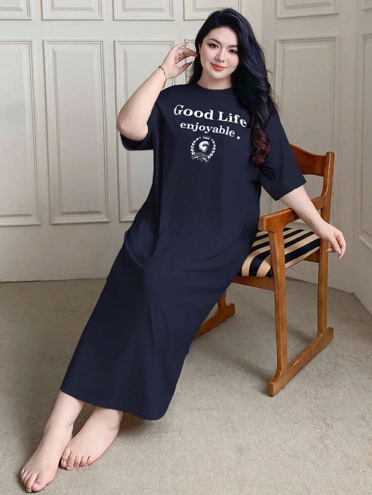 Dazy Plus Letter Print Loose Straight T-Shirt Style Long Nightgown, Summer