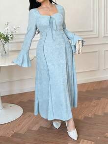 Vibekara Vestido de línea A con cuello cuadrado y cintura ceñida para tallas grandes - Celeste - Ver 3