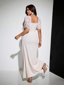 Viva Relle Vestido ajustado de mujer talla grande de verano con unicolor, sexy, fruncido, elegante y de manga abullonada, para uso casual, de oficina, diario y versátil - Albaricoque - Ver 4