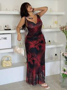 GalTyme Plus Size Women Floral Print Ruched Waist Elegant Date Party Dress - Multicolor - View 5