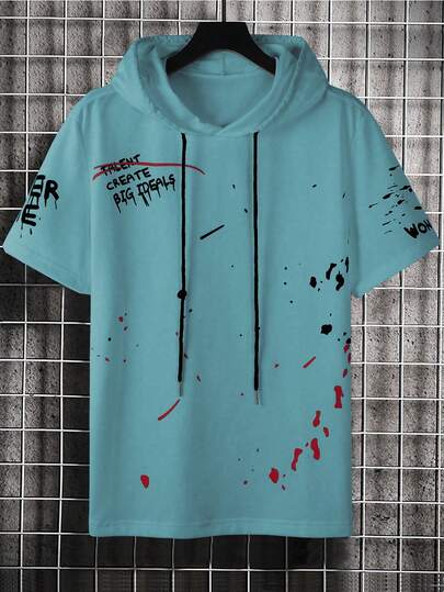 Manfinity Roughcore Camiseta de manga corta con capucha con cordón y estampado de letras, de uso casual y versátil para uso diario para hombres