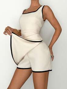Siren Gaze Summer Elegant Women's Jumpsuit,Black And White Contrast Color Trim,Sleeveless Tie Waist Jumpsuit For Brunch,Y2K Retro Vintage Style Outing Outfit - Apricot - View 3