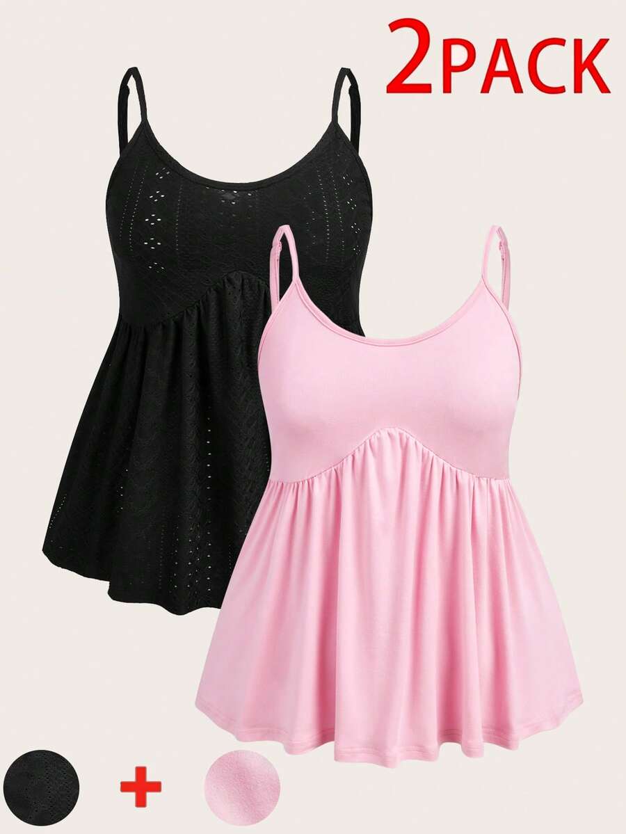 SHEIN EZwear 2件装加大码女式夏季休闲度假日常通勤纯色Schiffy娃娃衫吊带背心 - 粉色 - 查看 1
