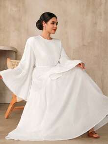 Graceveil 女士优雅纯色喇叭袖连衣裙，端庄得体，适合女性穿着，长款带袖连衣裙，正式场合穿着，优雅奢华，适合女性穿着，可作洗礼服、礼拜服、正式服装、优雅经典女装，端庄得体。 - 杏色 - 查看 7