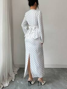 SHEIN Tall Women's Elegant Pearl Button Blouse + Split Hem Skirt 2 Pieces Set - White - View 2