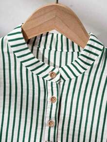 2pcs/Set Boys' Casual Striped Half-Placket Shirt Outfit, Suitable For Daily, Vacation, School And Other Occasions - Green - View 4