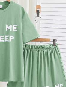 SHEIN Teen Boy Casual Letter Print Pattern Crew Neck Short Sleeve Top And Shorts Knit 2-Piece Loungewear Set - Mint Green - View 3