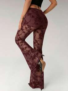 SHEIN ICON Sexy Floral Flocked Sheer Mesh Flare Pants - Burgundy - View 2