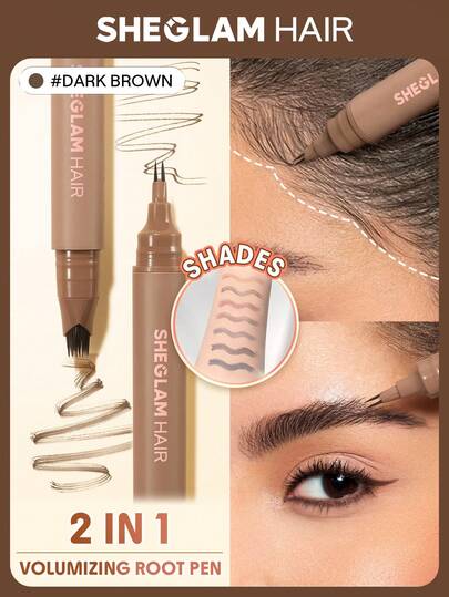 SHEGLAM HAIR 2 IN 1 Volume Boost Root Touch Up Pen-Dark Brown,Hairline Roots Stick,Fill In Hairline,Use As Eyeliner,Fill In Eyebrows,Draw On Bottom Lashes,Multi-Use,Waterproof,Sweat-Proof & Oil-Proof,24H Rich Color,Long-Wear Lasting Quick Cover Hair Root