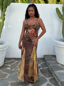 Tyla Gomez Neues lässiges Urlaubsoutfit, Hochzeitsgast-Garderobe für Strand-Hochzeiten, Abschlussfeier-Brunch Damenkleid, elegantes bohemian-tropisches asymmetrisches gestricktes Mesh-Kleid mit Braun-Rose-Leoparden-Muster, geeignet für St. Patrick's Day, Frühjahrsferien, Ostern, Musikfestivals - Braun - Übersicht 4