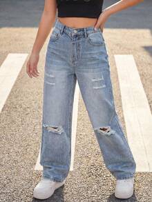 Tween Girls' Distressed Boyfriend Jeans, Retro American Style Loose Fit Wide Leg Casual Denim Pants, Blue - Blue - View 1