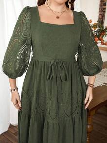 Lacomfia Plus Size Women's Square Neck Lantern Sleeve Tie Waist Ruffle Hem Embroidery Patchwork Elegant Dress - Green - View 7