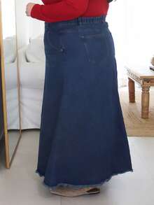 Pretty and Ole 水洗猫须毛边A字长款牛仔半身裙，四季皆宜 - 中等水洗藍 - 查看 4