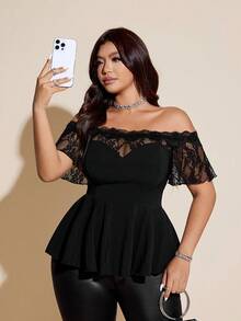 Viva Relle Plus Size Sexy Lace Patchwork Off Shoulder Black Slim Fit Blouse - Black - View 1