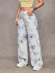 Jeanoix 女士纽扣花卉图案休闲百搭日常水洗牛仔裤 - 彩色 - 查看 3