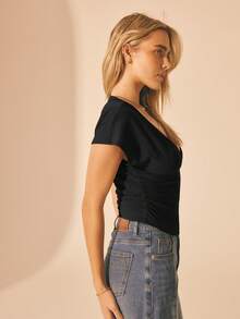 Aralina 女士针织V领短袖收腰T恤，侧边褶皱设计，可爱外出上衣，派对上衣，优雅职场穿搭，休闲日常上衣，棕色上衣 - 黑色 - 查看 6