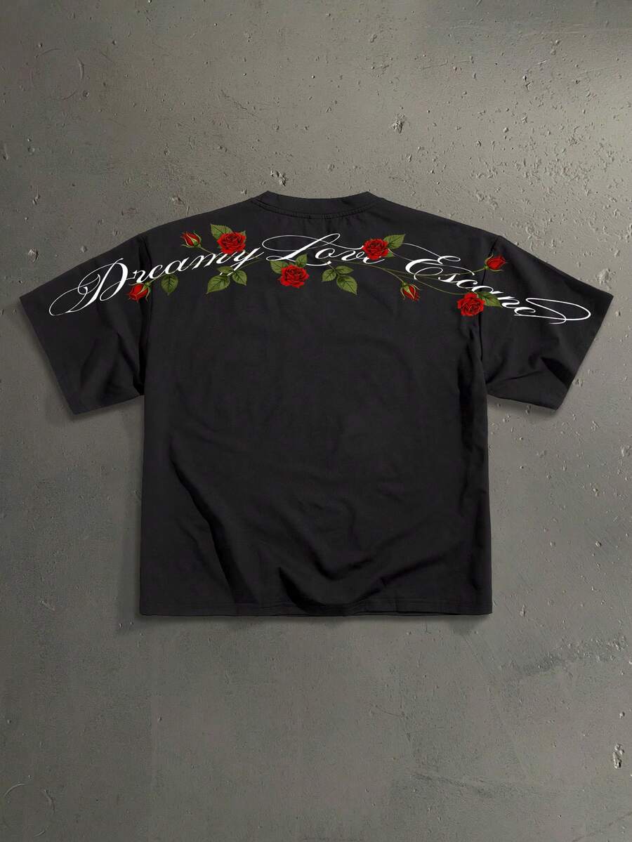 StoneGrade 玫瑰手写字体印花休闲宽松短袖T恤，男士时尚百搭，约会聚会必备单品，也适合作为送给男友的礼物。 - 黑色 - 查看 1